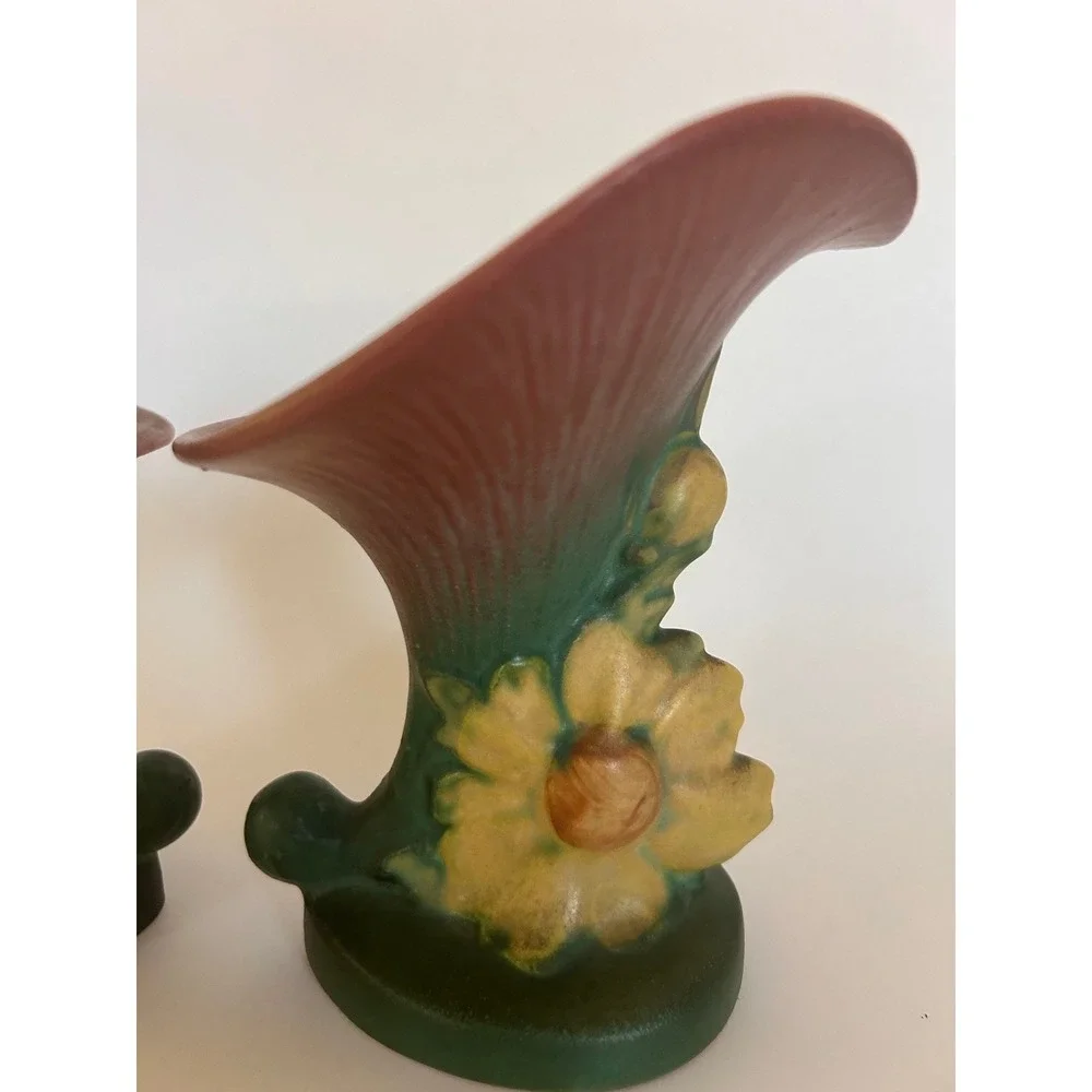 2 ROSEVILLE Pottery Peony Cornucopia Horn of Plenty USA Vintage Art Deco